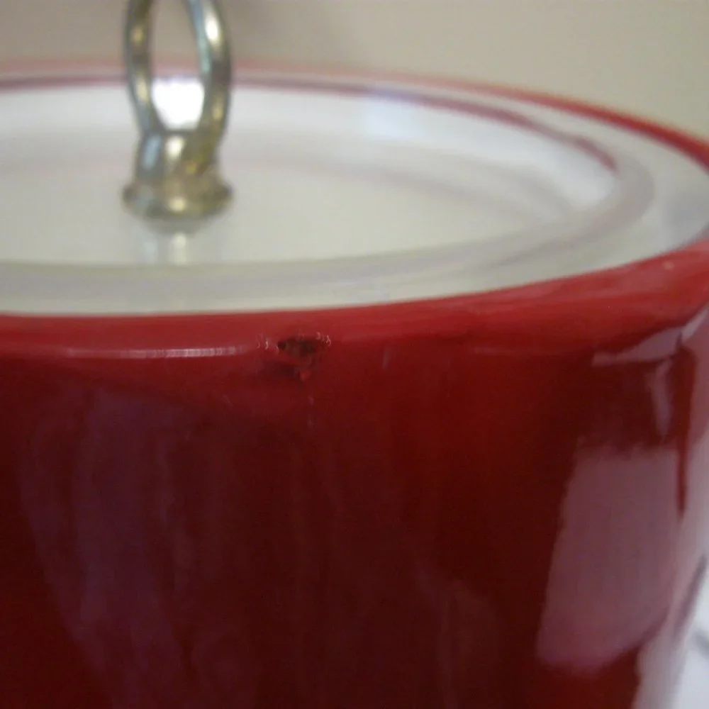 Vintage 60's Retro Lipstick Red Patent Ice Bucket w Lucite Handle & Tongs